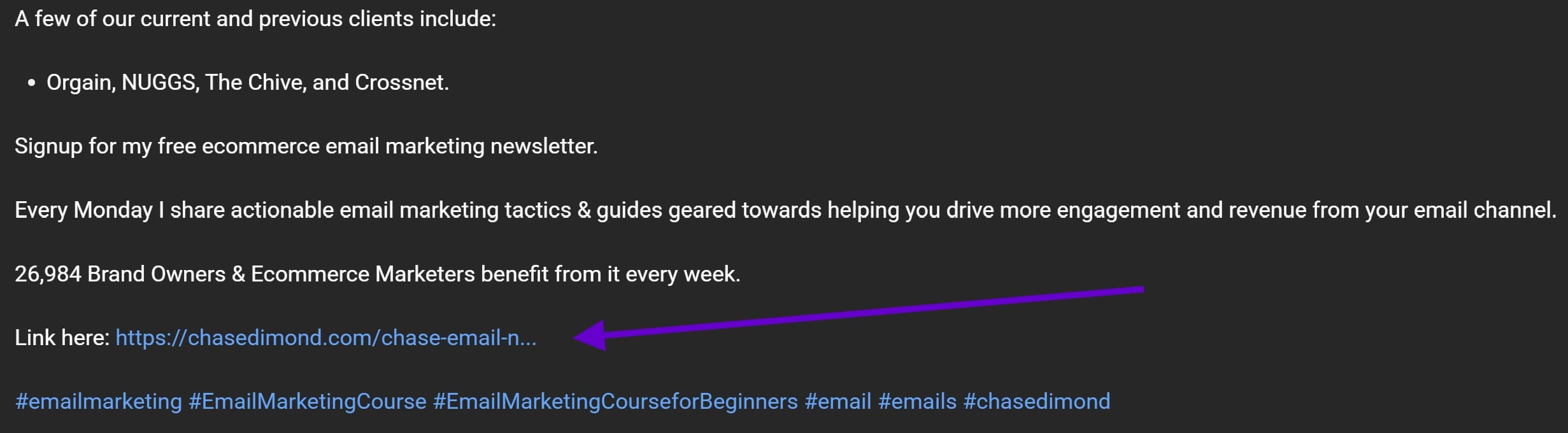 Chase Dimond CTA is usually to sign up for his newsletter