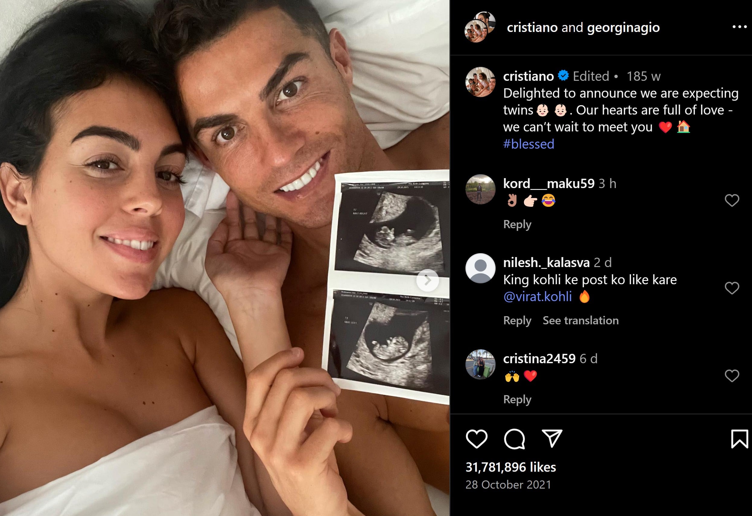 Cristiano Ronaldo and Georgina Rodríguez announce they're expecting twins