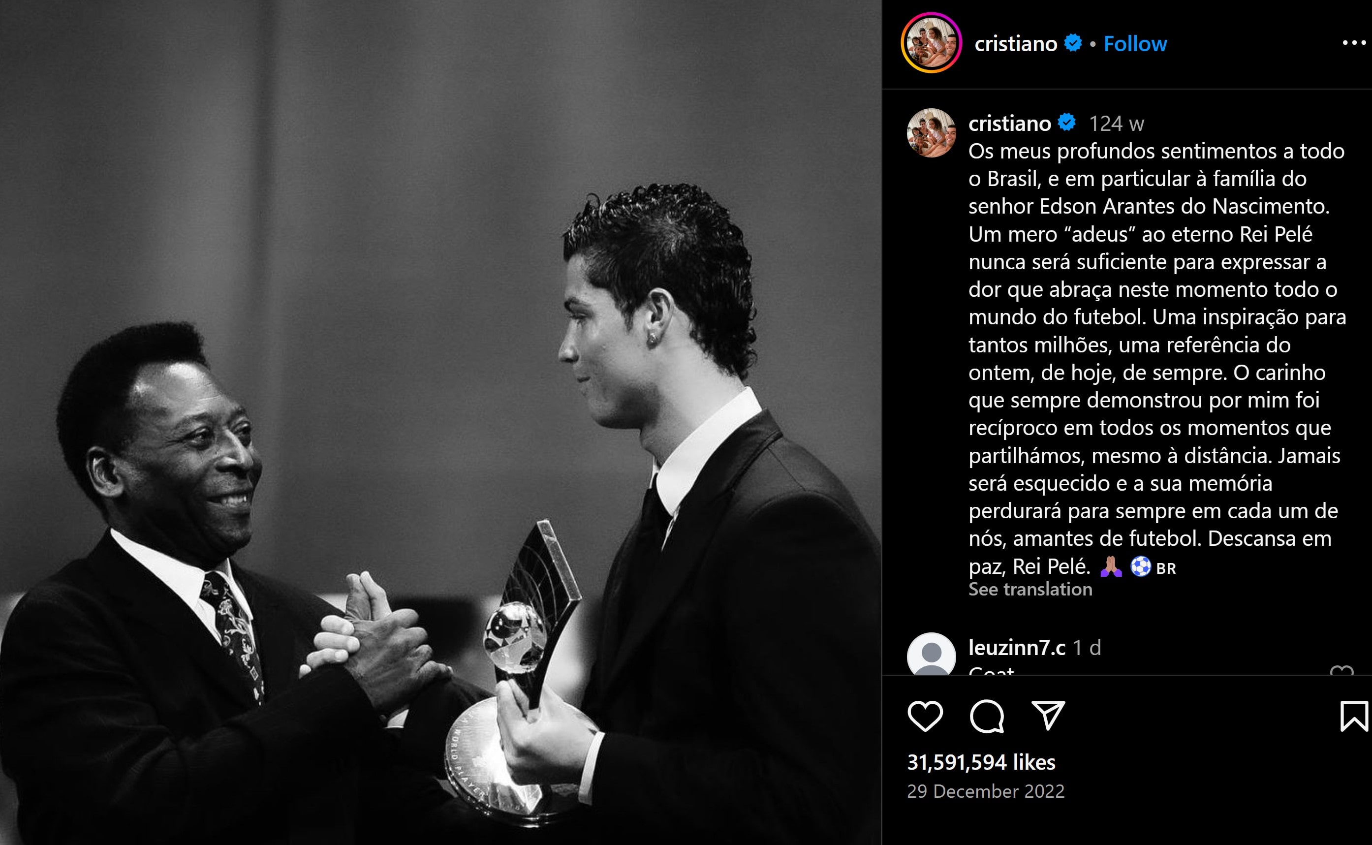 Cristiano Ronaldo pays tribute to Pelé