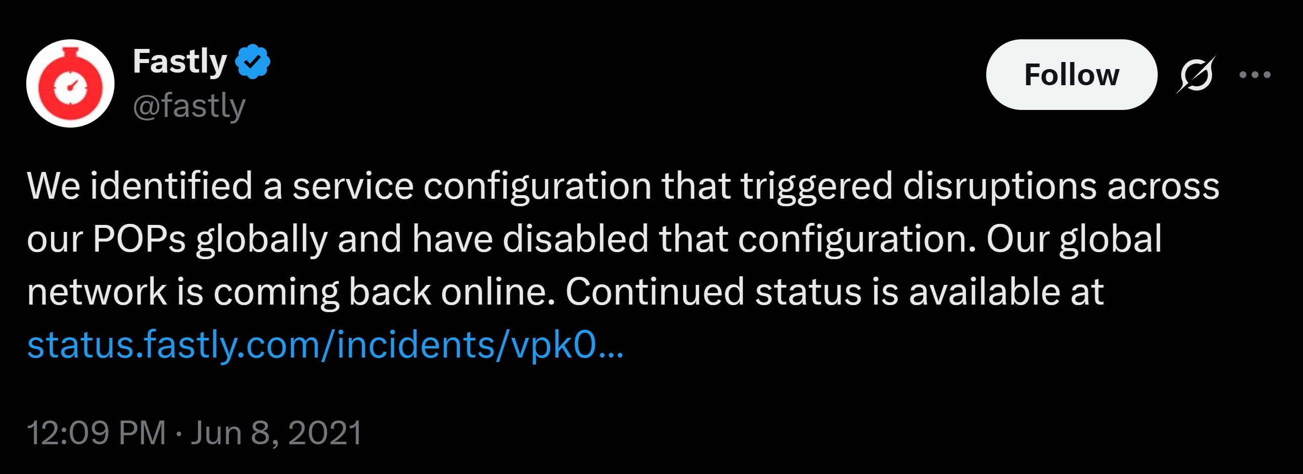 Fastly, a major content delivery network, experienced a massive outage.