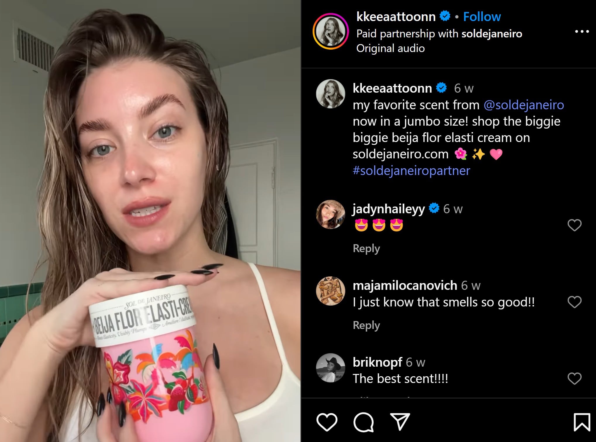 Keaton Milburn who shared an Instagram Reel promoting Sol de Janeiro