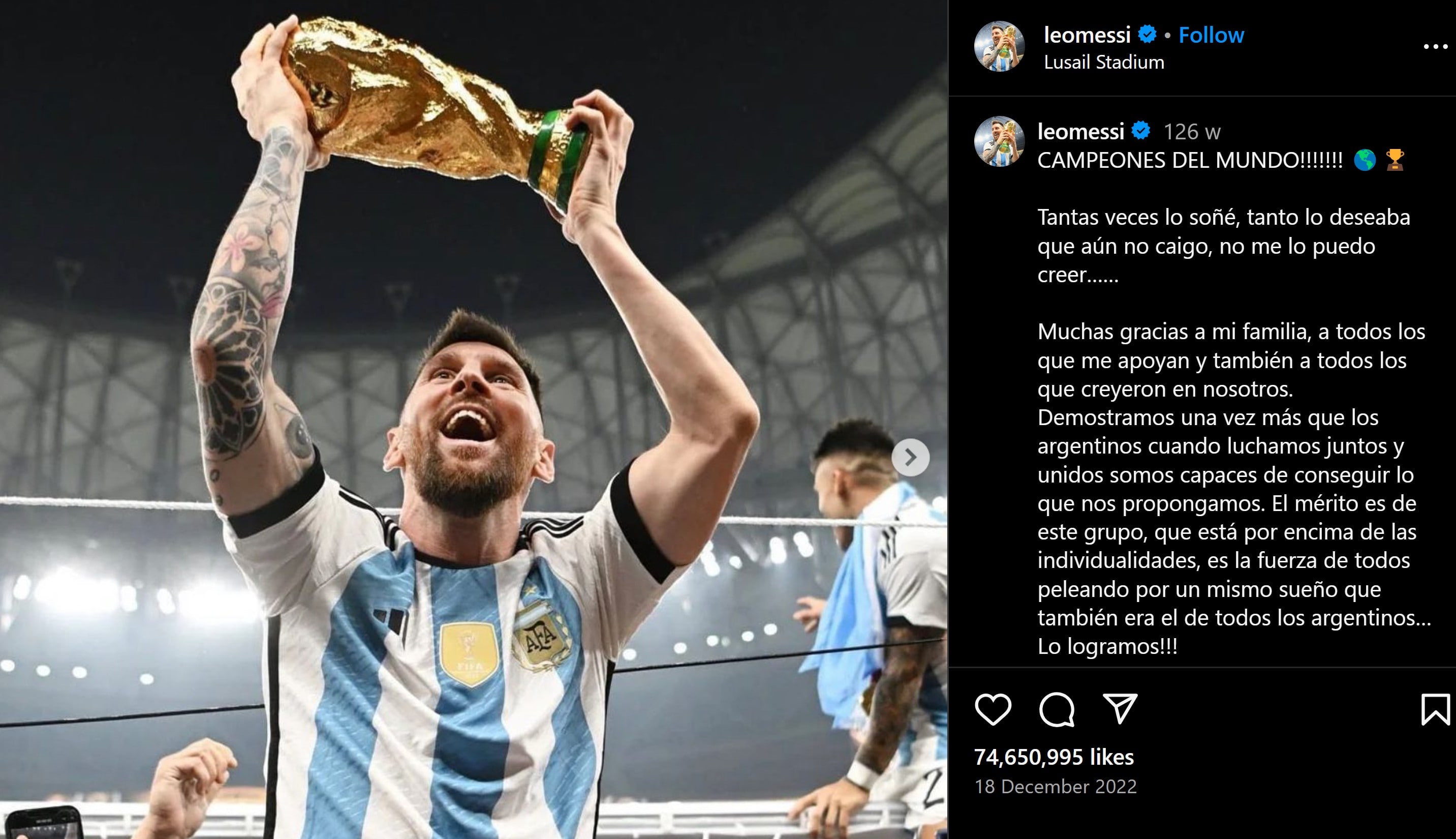 Leo Messi celebrating Argentina's World Cup victory (2022)