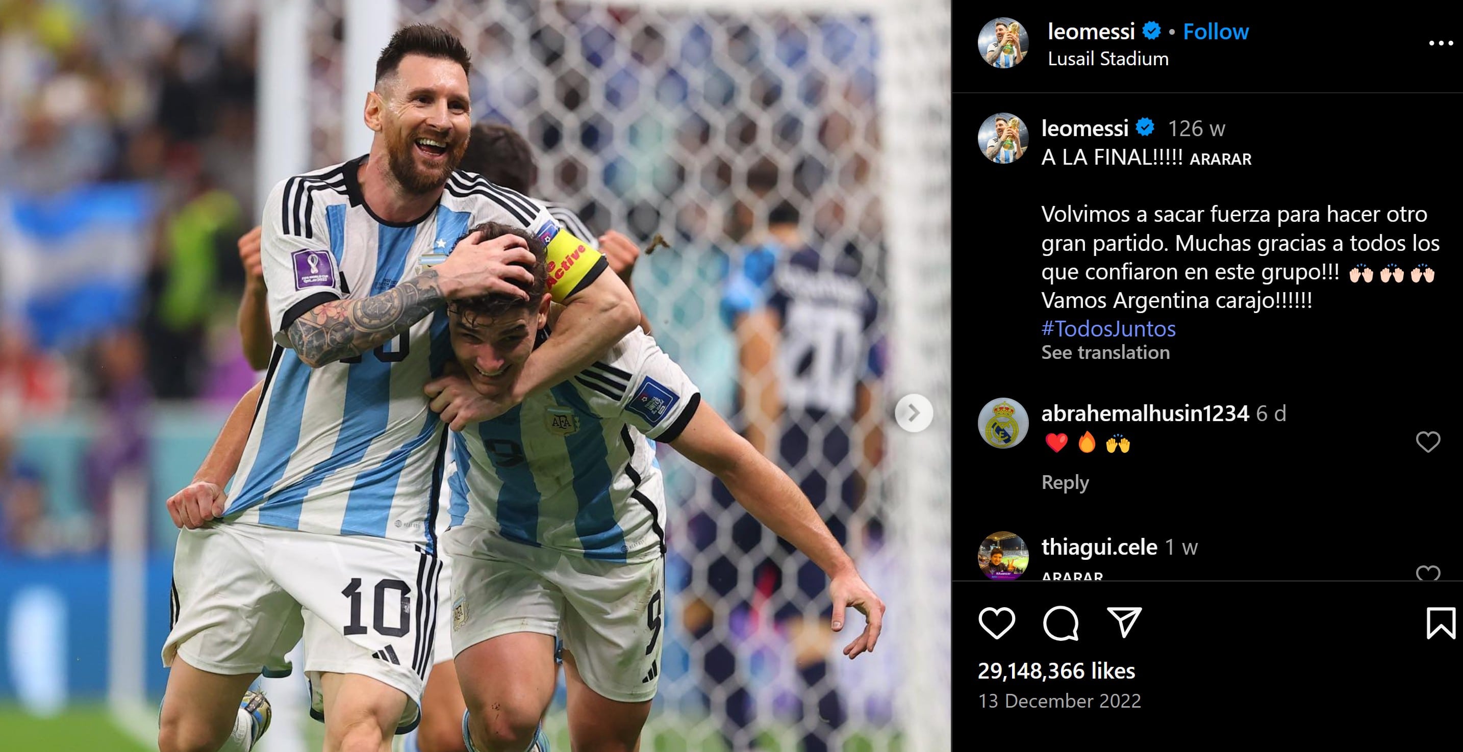 Messi celebrates after defeating Croatia in the World Cup Semifinal