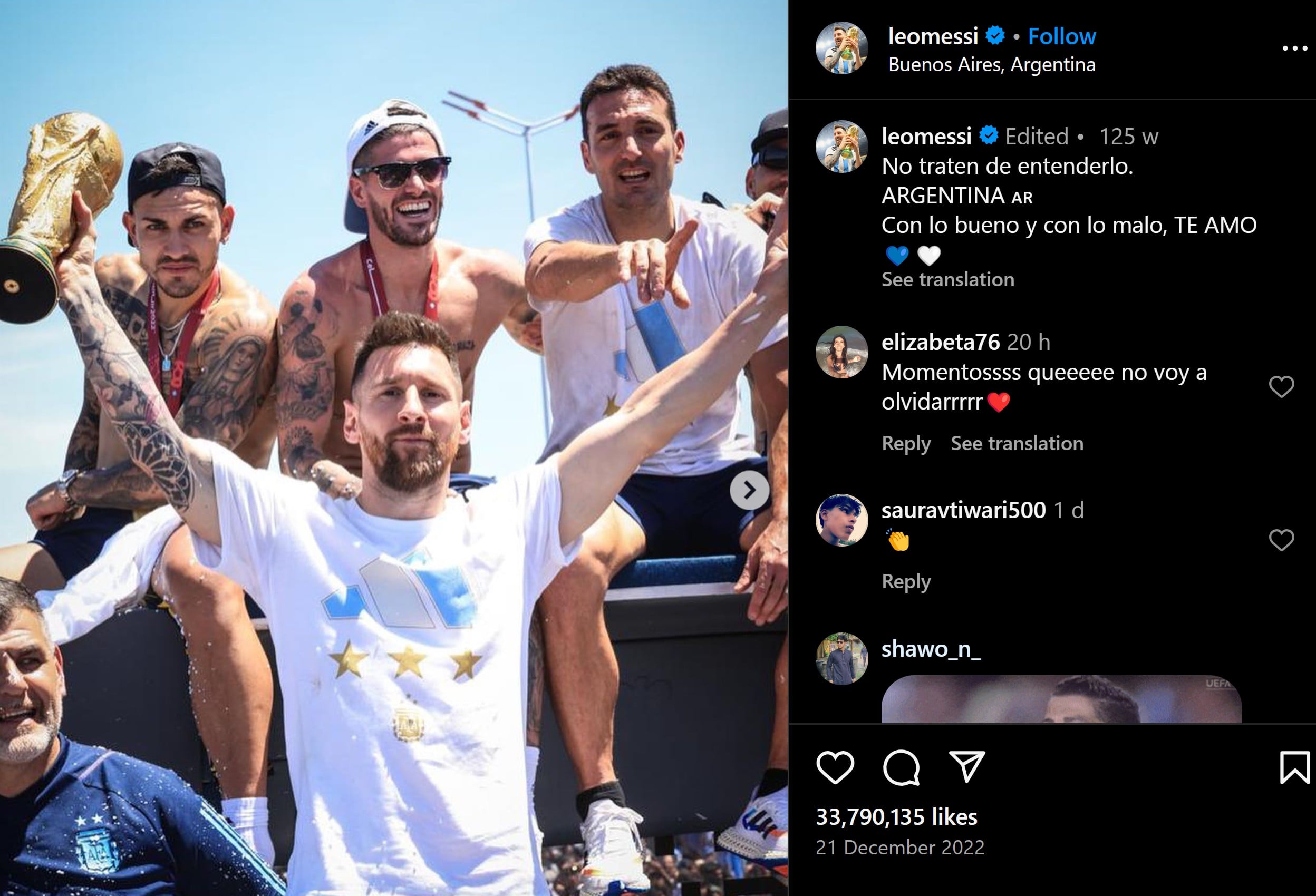 Messi celebrating his World Cup win in Buenos Aires