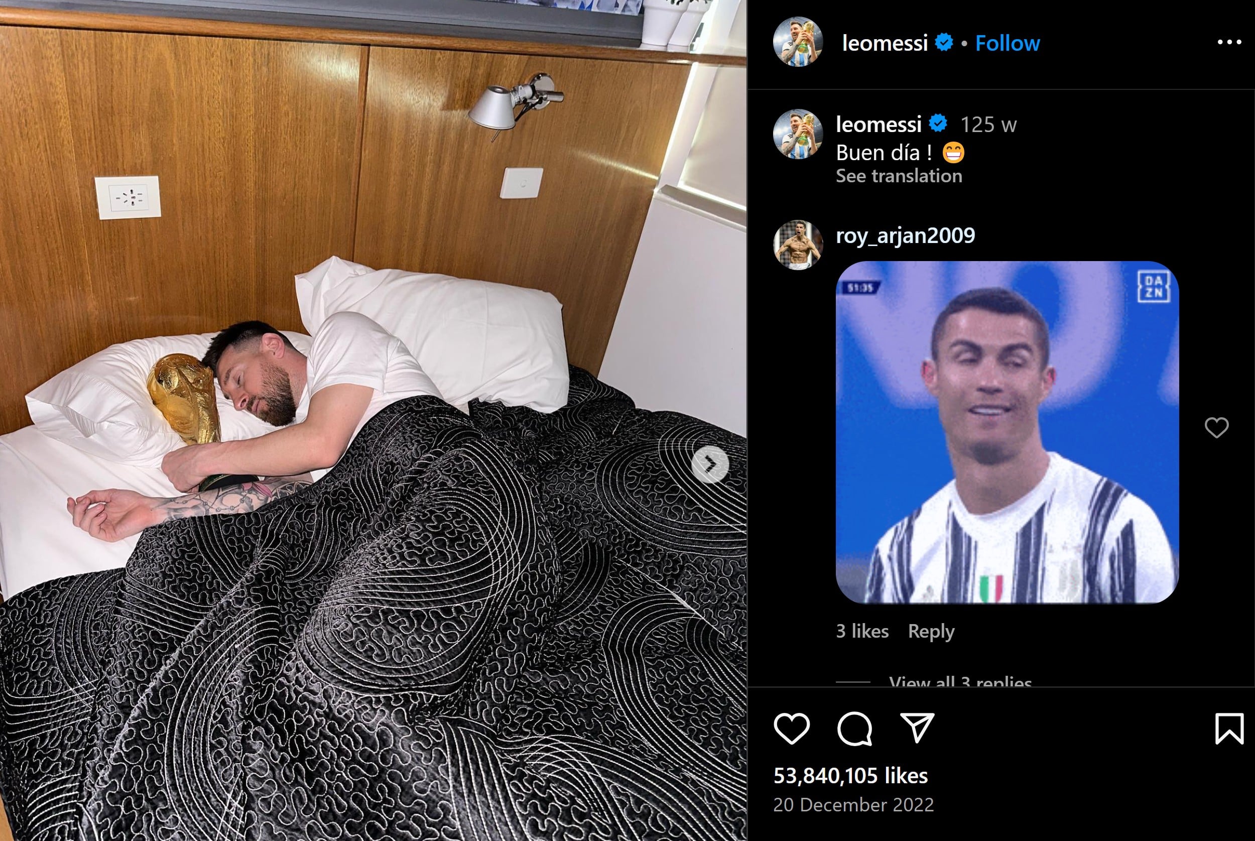 Messi in bed with the FIFA World Cup trophy (2022)