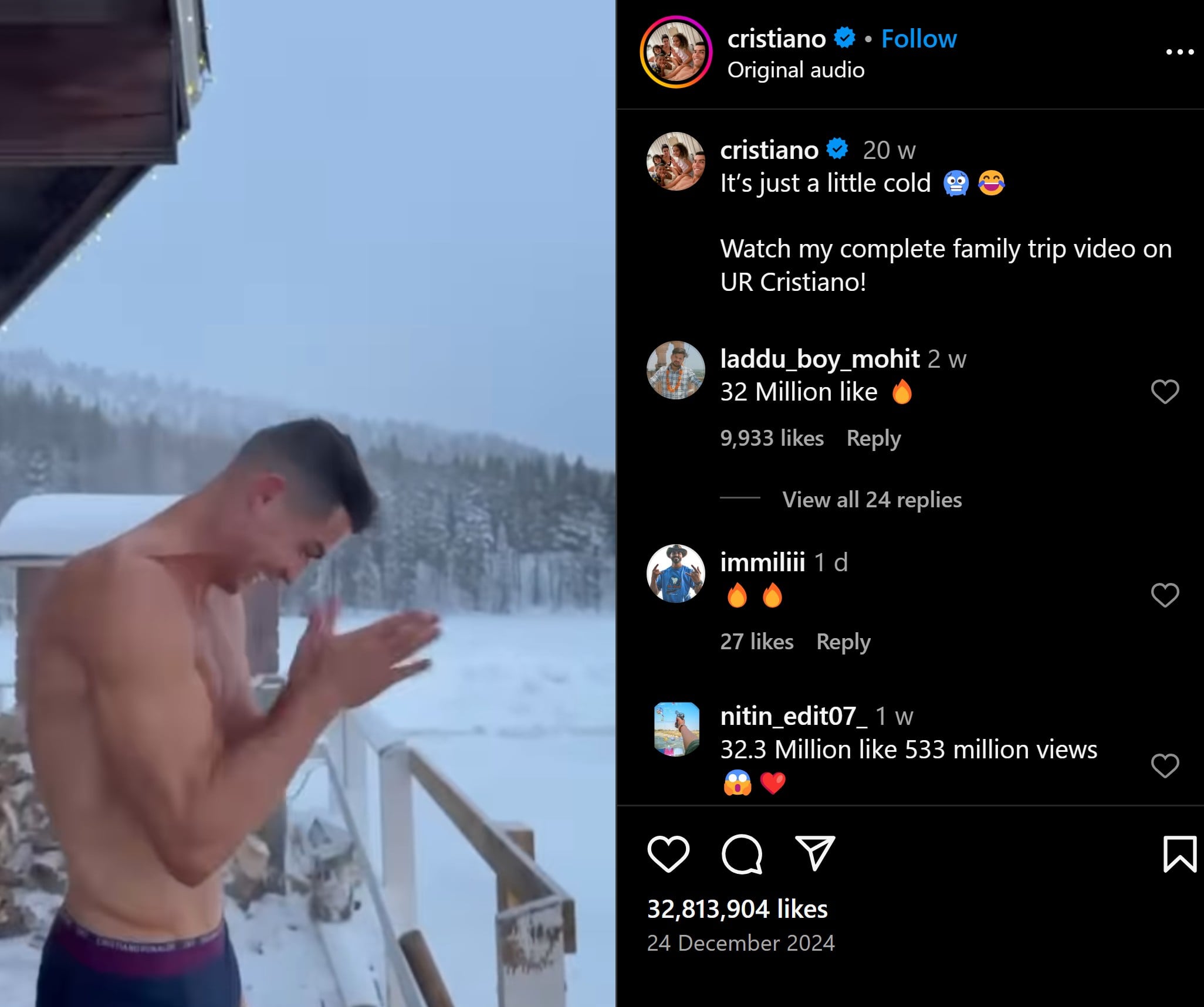 Ronaldo takes an icy dip in Lapland, Finland