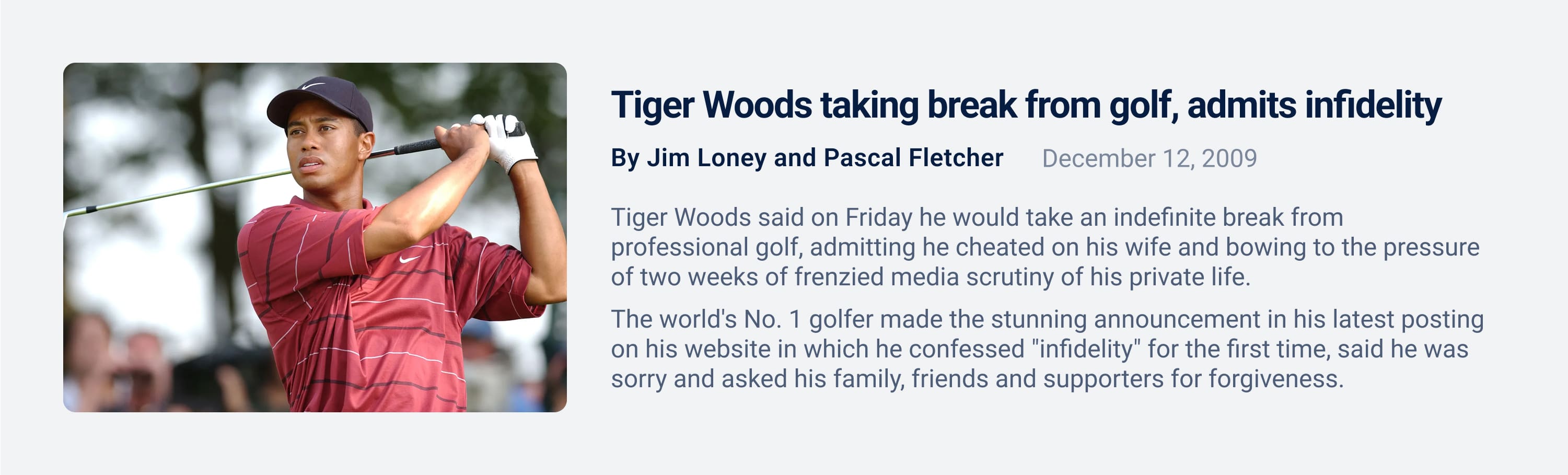 Tiger Woods Statement on Break from Golf