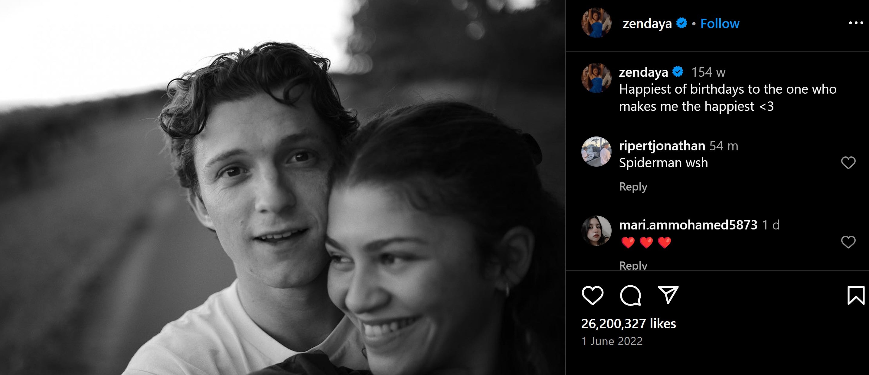 Zendaya's "happy birthday" post for Tom Holland (2022)