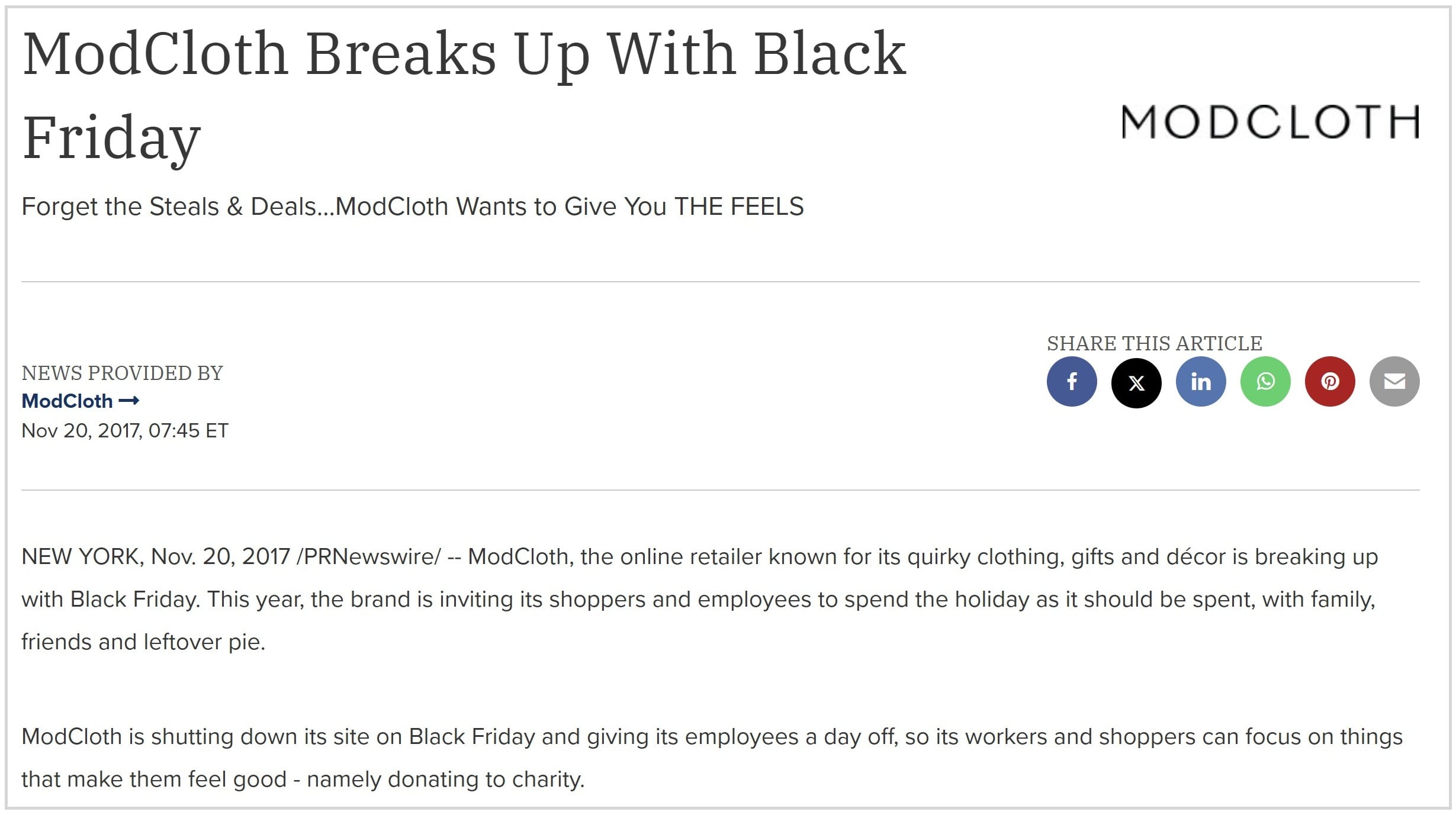 ModCloth breaks up with Black Friday