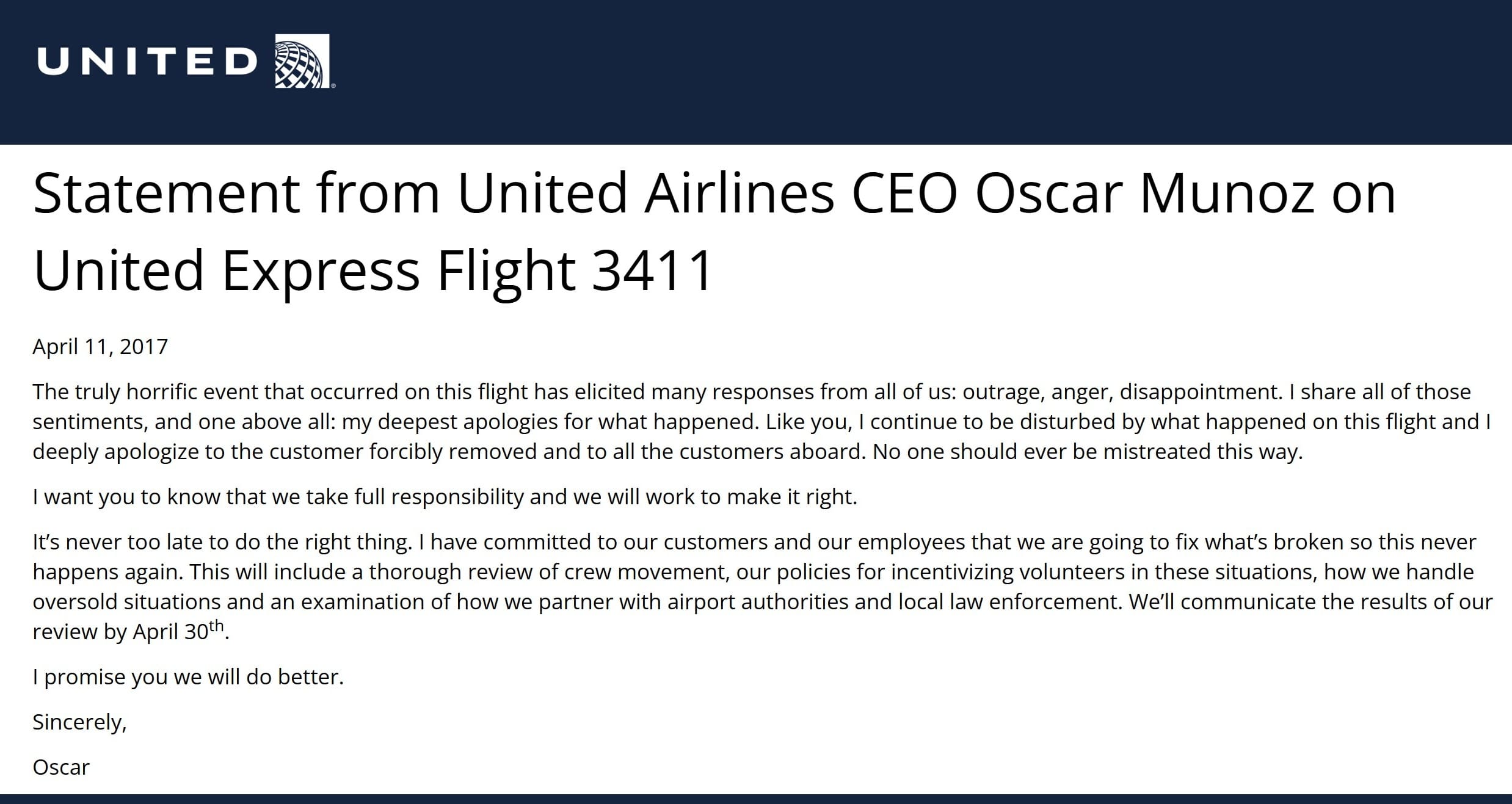 Statement from United Airlines CEO Oscar Munoz