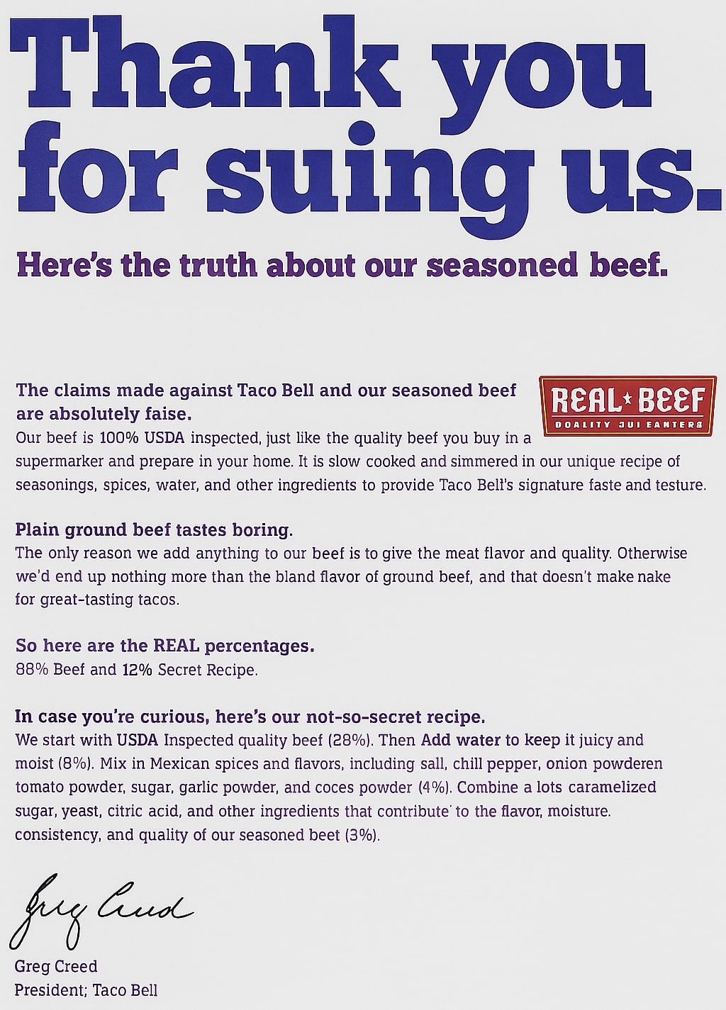Taco Bell “Thank You for Suing Us” PR
