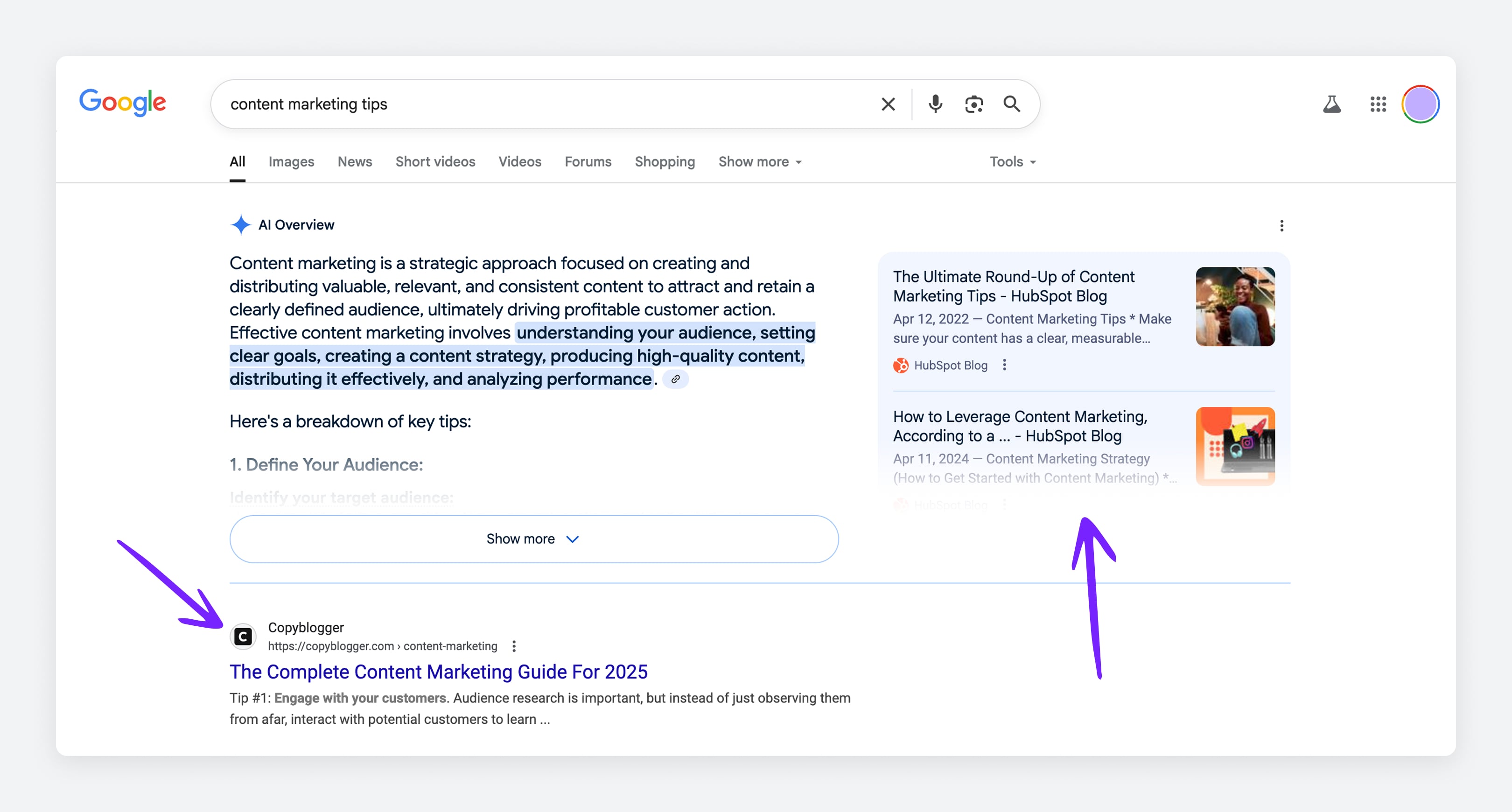 Content marketing tips Google search
