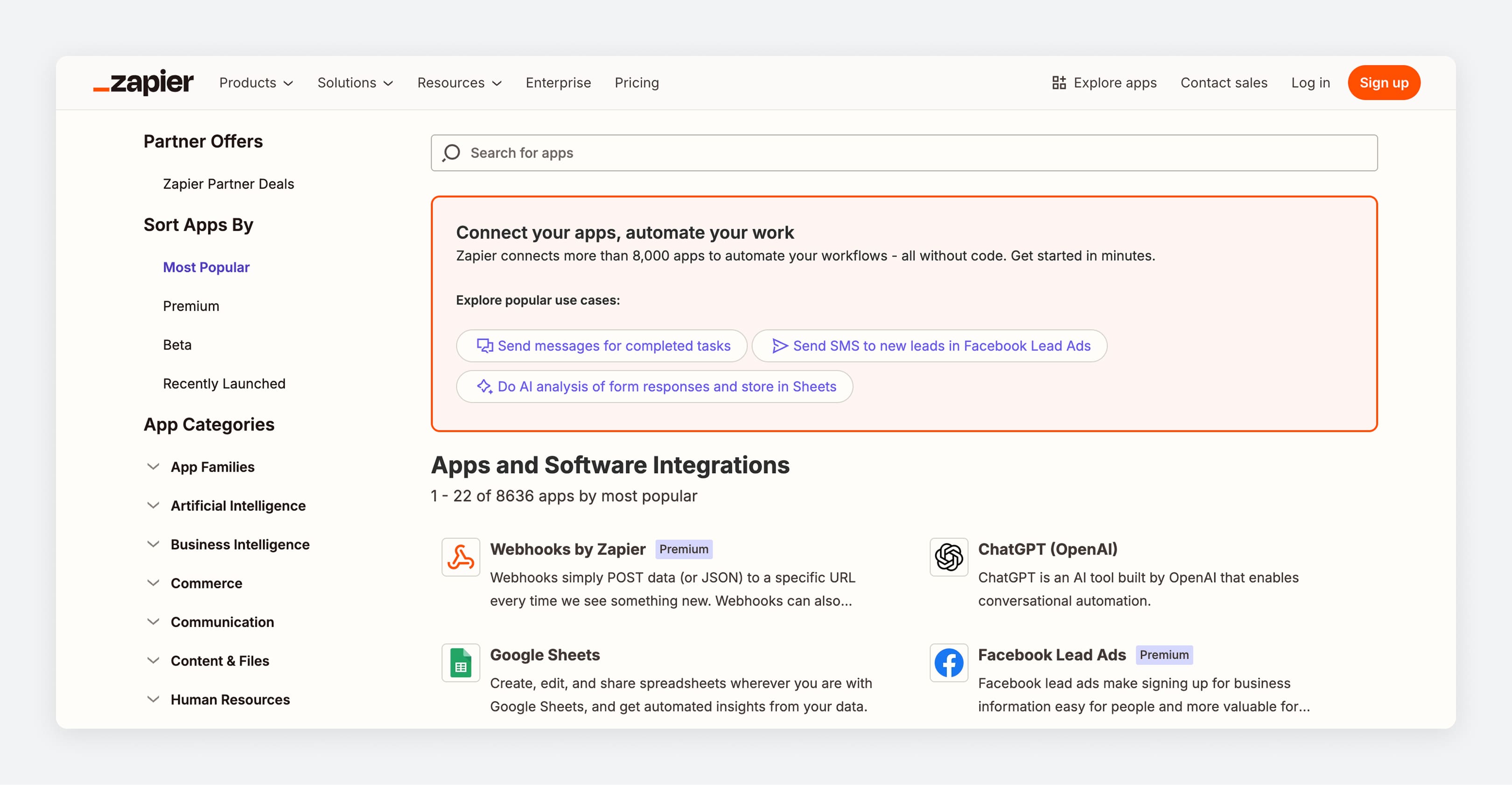 Zapier's app integration page